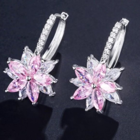 Pink Flower Crystal Earrings - Picture 2 of 4